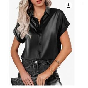 306 Black Satin Button Down Blouse Short Sleeve Collared Shirt, Silky Dressy Top